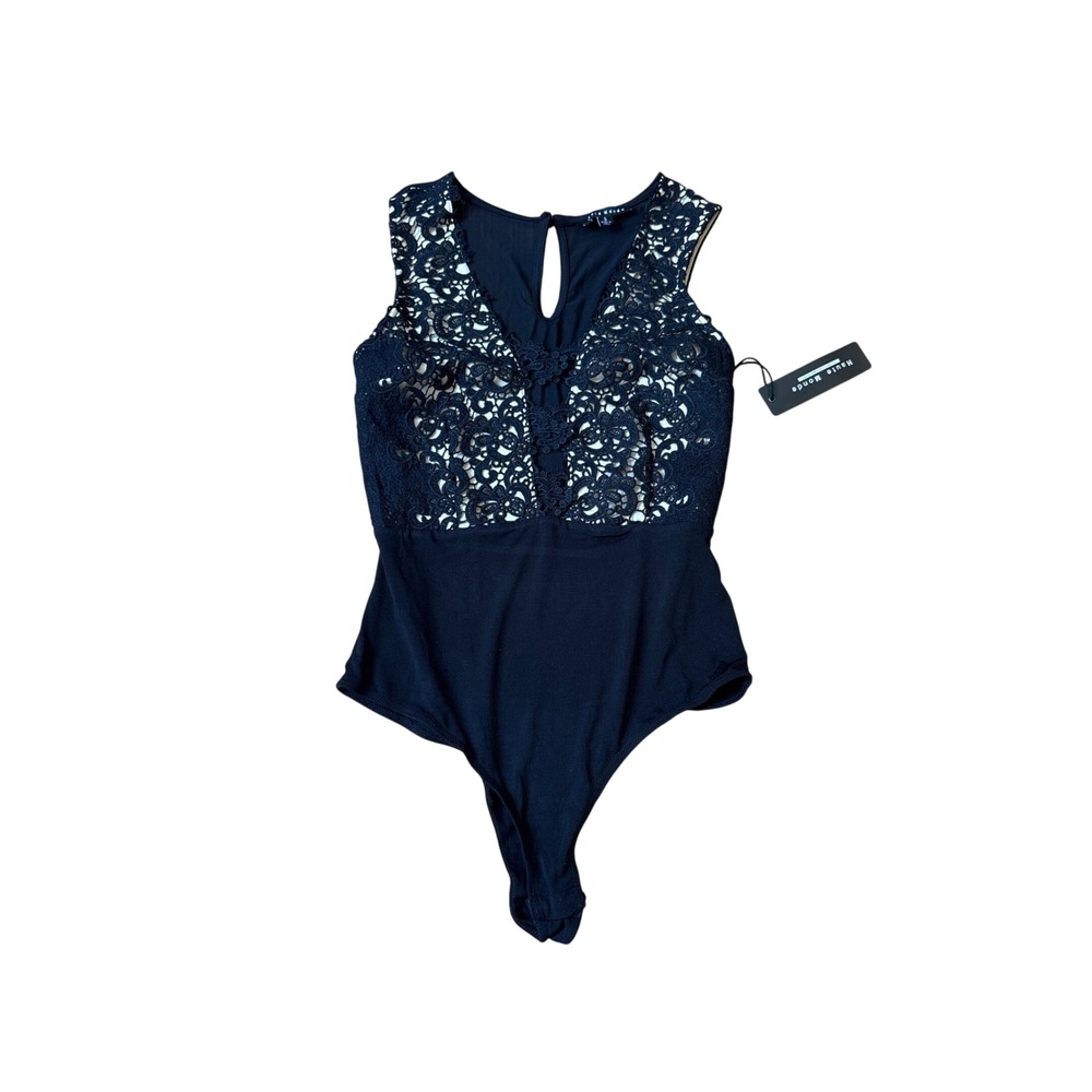 Haute Monde Bodysuit Women Black Lace Sheer Mesh Keyhole NWT SIZE S